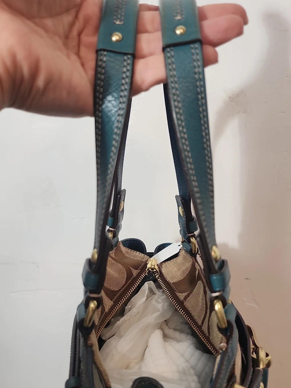 Coach Brown Signature Shoulder Bag with Teal Trim